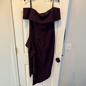 Betsy & Adam size 10 plum color ruffle off the shoulder cocktail midi dress